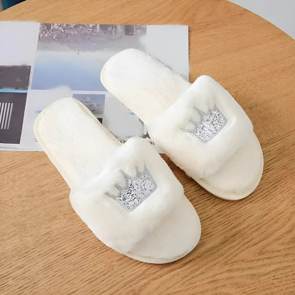 White Women's Slippers with Crown