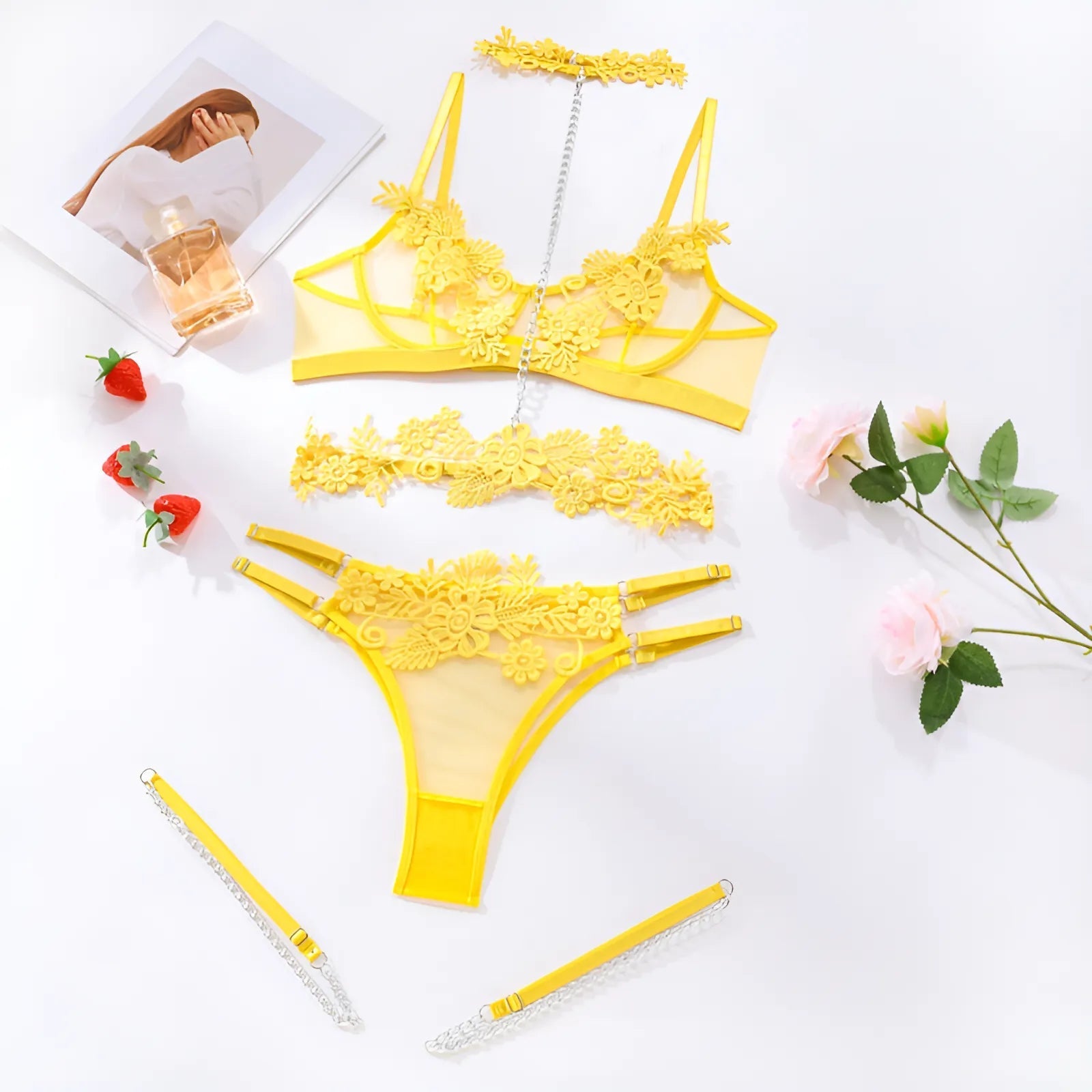 Yellow 3-Piece Lingerie Set with Floral Lace