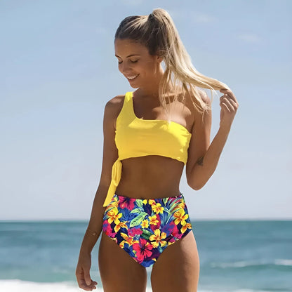 Yellow Floral Print Two-Piece Swimsuit