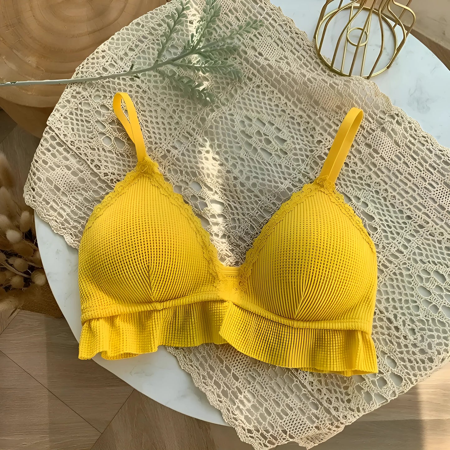 Yellow Lace Bralette with Frill Trim