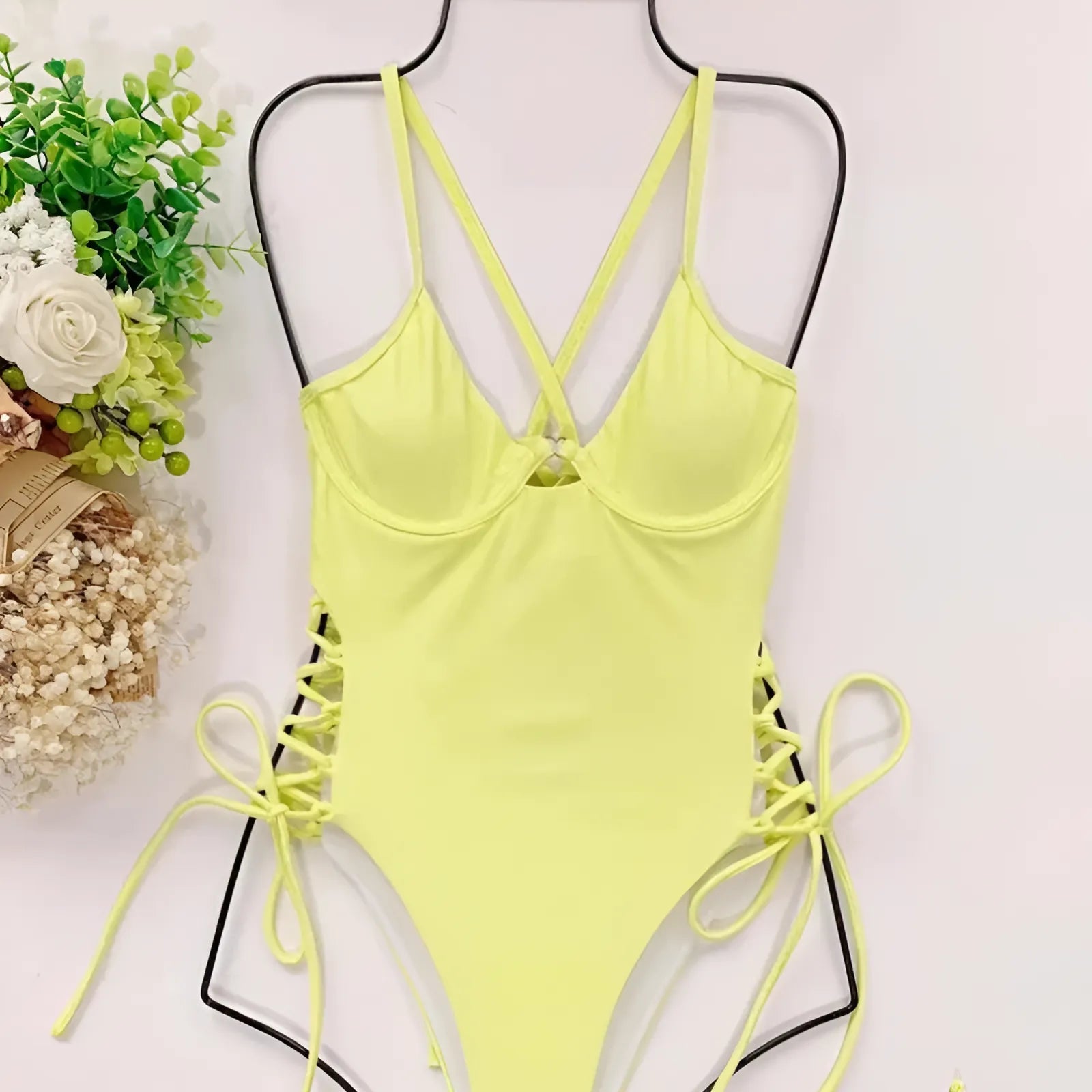 Yellow One-Piece Swimsuit with Side Ties