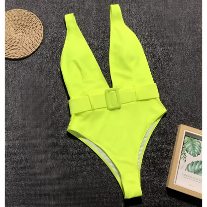 Yellow One-Piece Swimsuit with Waist Belt