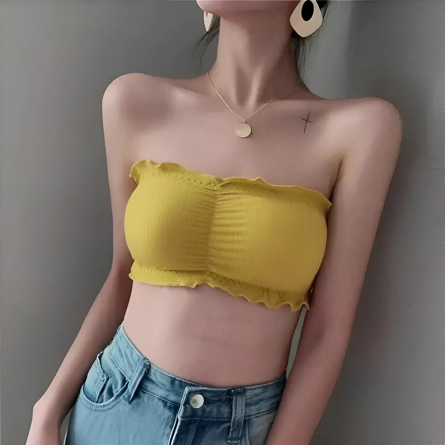 Yellow Ruched Strapless Bra