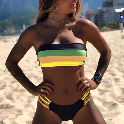 Yellow Two-Piece Swimsuit in Colourful Stripes