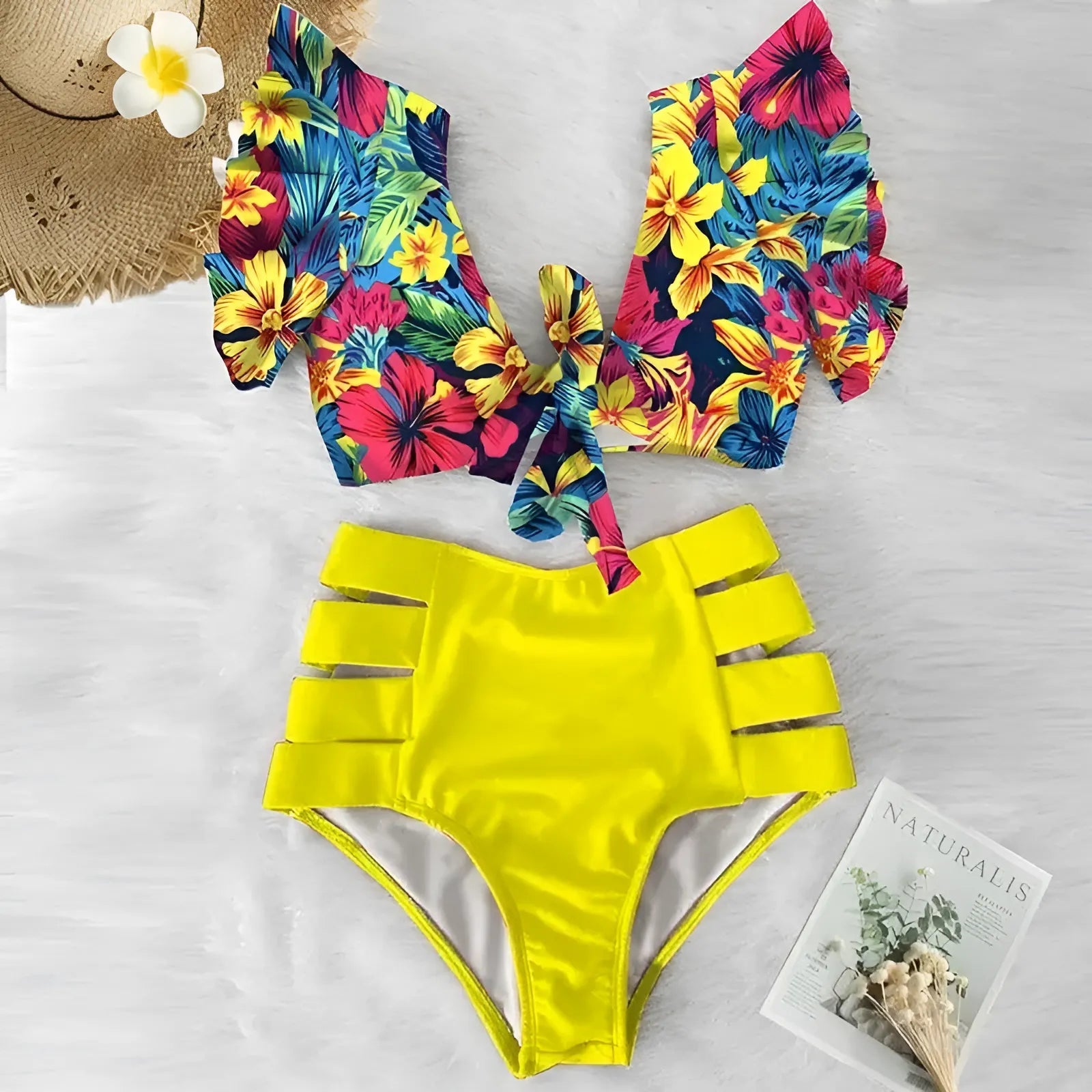 Yellow Two-Piece Swimsuit with Decorative Top