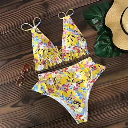 Yellow Two-Piece Swimsuit with Delicate Ruffles