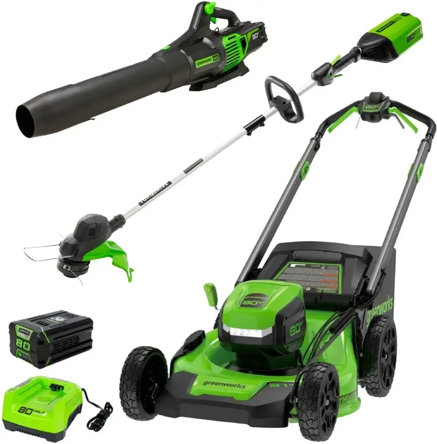 1-430-1-1 Greenworks 80V 21” Lawn Mower, 13” String Trimmer, and 730 Leaf Blowers. - Image 1