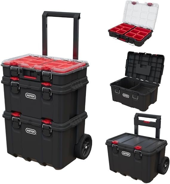 5133Am8ez8L._AC_SX569_-1 Keter Stack-n-Roll Modular Tools Organizer for Garage Storage and DIY, 3 Piece Resin Rolling Tool Box System for Small Parts, Black - Image 1