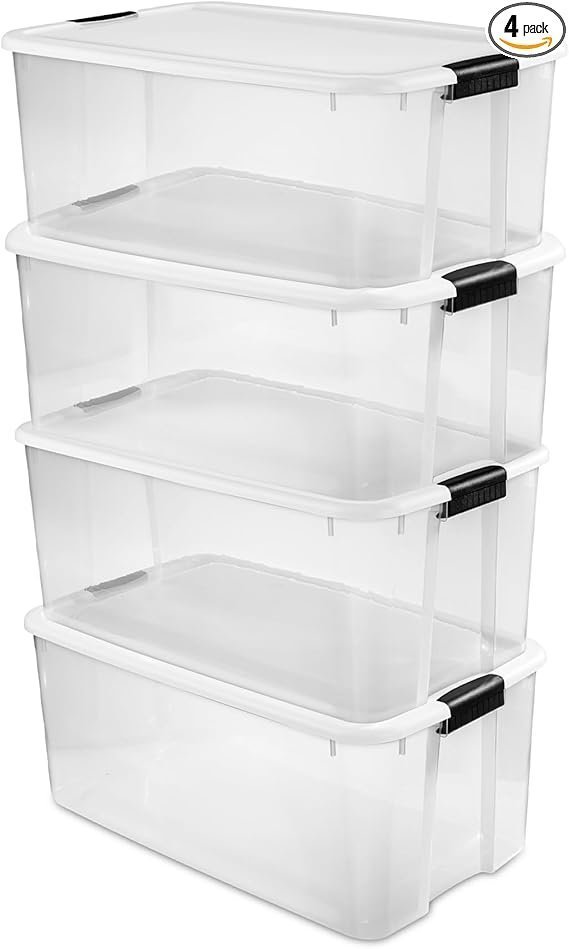 51LxxFibAJL._AC_SX569_PIbundle-4TopRight00_SH20_ Sterilite 4-Pack Ultra Latching Box, Storage Bins with Lids, Clear Plastic, 116 Quart – Heavy-Duty Organizing Containers for Closet, Bathroom, and Office - Image 1