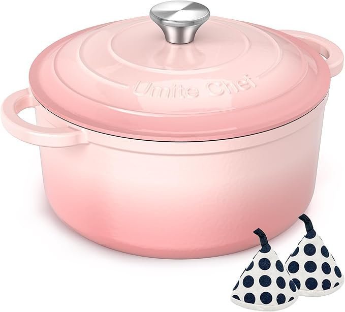 619F9Cdw0aL._AC_SX679_ Umite Chef 5QT Enameled Cast Iron Dutch Oven Pot with Lid, Heavy-Duty Cookware for Bread Baking, Braising, Stews, Roasting, Wedding Registry Ideas & Gifts (Pink) - Image 1