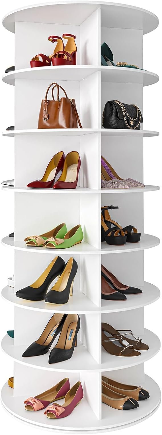 61Bsq1apdiL._AC_SX569_ SpaceAid 7 Tier Rotating Shoe Rack Tower, Spinning Shoe Display Lazy Susan, Revolving 360 Shoe Rack Storage Round Carousel, Vertical Handbag Rotate Shoes Closet Organization (7-Tier White) - Image 1