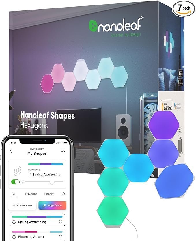 61EjNhroTL._AC_SX679_PIbundle-7TopRight00_SH20_ Nanoleaf Shapes LED Wall Lights, RGBW Smart Wall Panels with 16M+ Color, Compatible with Alexa & Google Assistant, Music Sync, DIY Gaming Light for Home Decor (Hexagons Smarter Kit 7 Pack) - Image 1