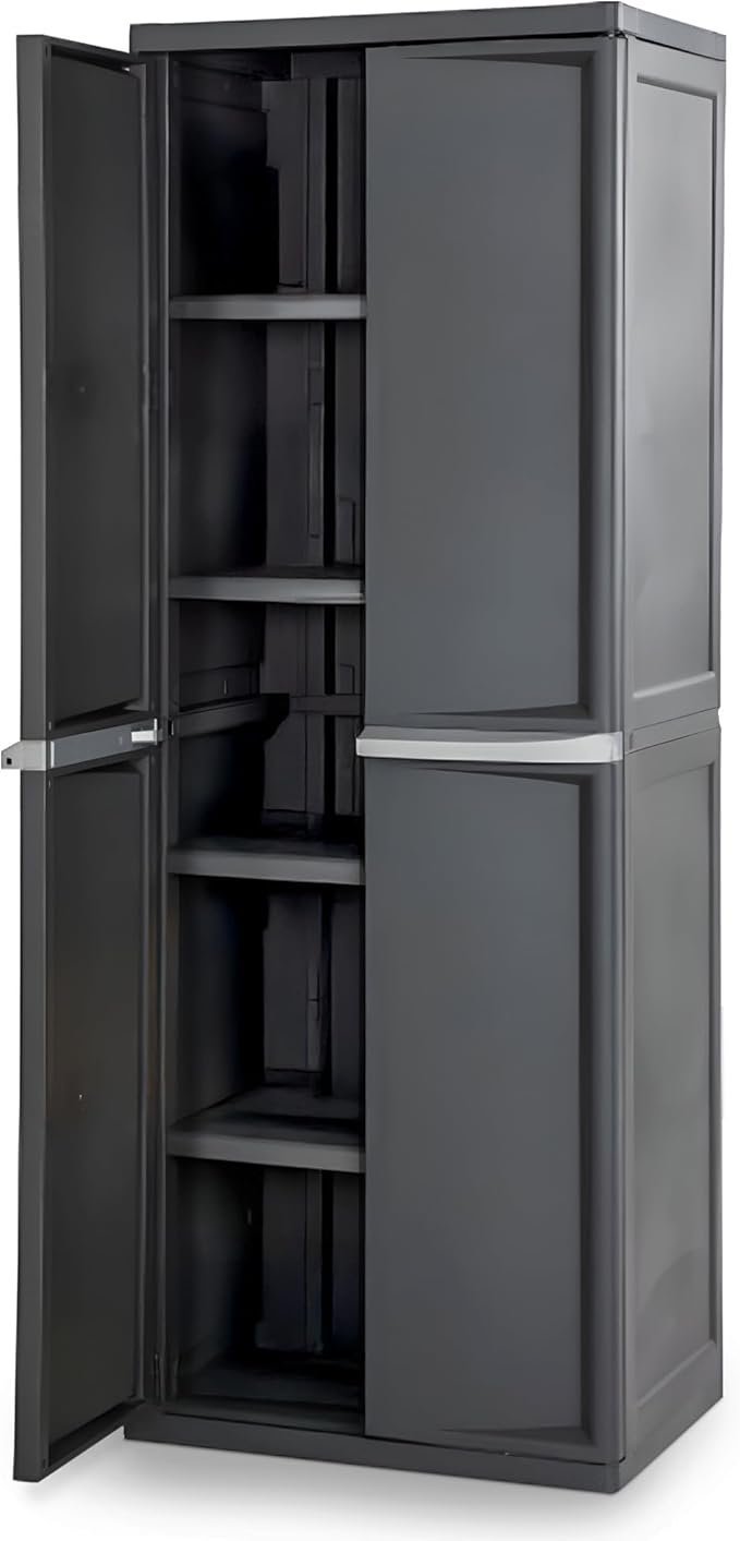 61FJOtNtHvL._AC_SX679_ Sterilite 4 Shelf Cabinet, Heavy Duty and Easy to Assemble Plastic Storage Unit, Organize Bins in the Garage, Basement, Attic, Mudroom, Gray, 1-pack - Image 1