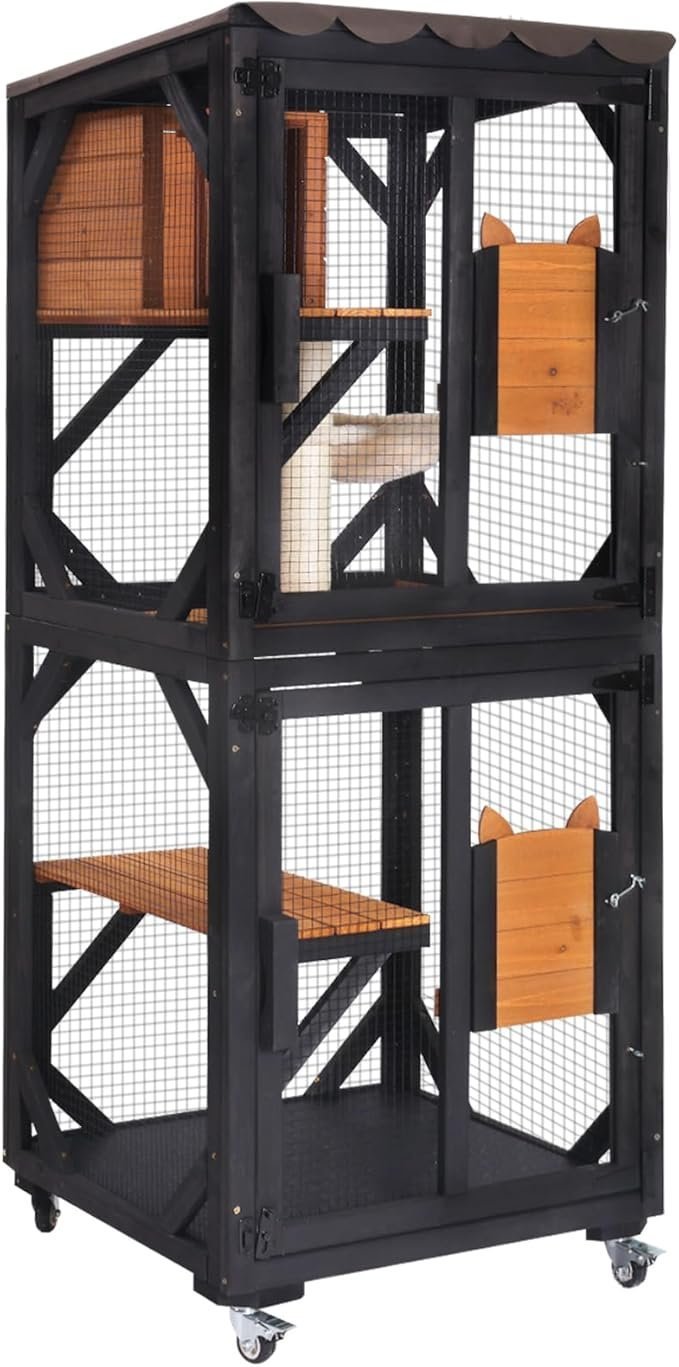 61LAXOUpLRL._AC_SX679_ Aivituvin Cat House Window Catio Outdoor Cat Enclosure Mobile Kitty Shelter on Wheels Pet Cage with Resting Box,Hammocks,Waterproof Cover - Image 1