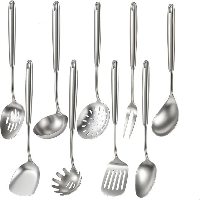 61MyBO67H-L._AC_SX679_ Newness 9 Pcs Cooking Utensils Set, 304 Stainless Steel Kitchen Utensils Set, Metal Kitchen Accessories, Include Soup Ladle, Slotted Skimmer Spoon, Spaghetti Spoon and Spatula, Dishwasher Safe - Image 1