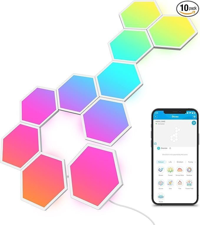 61WCvyYZPcL._AC_SX679_PIbundle-10TopRight00_SH20_ Govee Glide Hexa Light Panels, RGBIC Hexagon LED Wall Lights, Wi-Fi Smart Home Creative Wall Lights with Music Sync, Works with Alexa Google Assistant for Indoor Gaming Decor, 10 Pack - Image 1