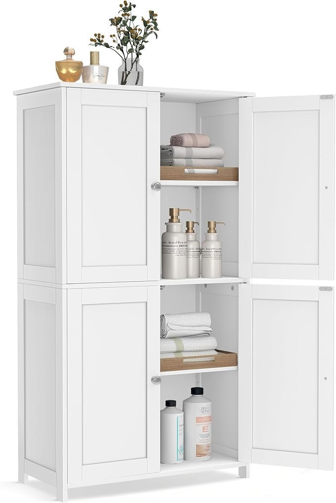 61rkqknxb3L._AC_SX679_ VASAGLE Floor Storage Cabinet, Shaker Cabinet with 2 Adjustable Shelves, 4 Doors, Tall Freestanding Organizer Unit, for Kitchen Bathroom Living Room, Cloud White UBBC553WH01S - Image 1