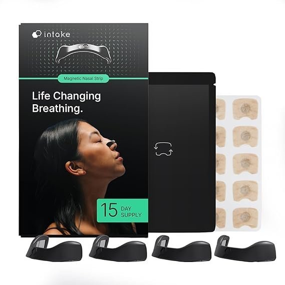 61wGwlVqUkL._AC_SX569_ Intake Breathing — Magnetic Nasal Strips Starter Kit | Reusable Band + Tabs | Nasal Strips for Sleep, Snoring, Breathing & Sports | Stronger Lift Than Traditional Nose Strips | 4 Sizes, 15 Tabs, Black - Image 1