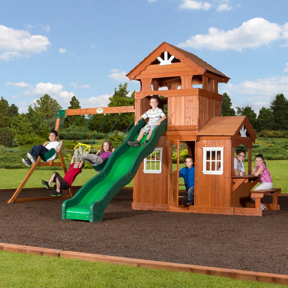 65413B-Hero-1-1 Backyard Discovery Shenandoah Cedar Wood Swing Set Slide - Image 1