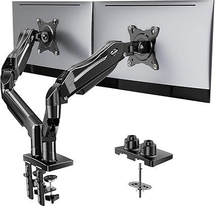 7182jSFV25L._AC_SX425_ HUANUO FlowLift Dual Monitor Stand, Fully Adjustable Gaming Monitor Desk Mount for 13–32″ Computer Screens, Full Motion VESA 75×75/100×100 with C-Clamp & Grommet Base, Each Arm Holds 4.4 to 19.8 lbs - Image 1