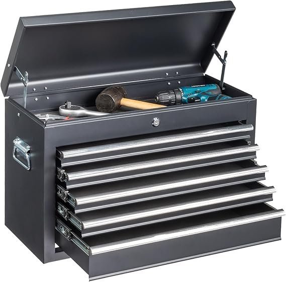 71IiAlcLZJL._AC_SX569_ Winado 24″ Portable Metal Tool Box, 5 Drawers Toolbox with Top Storage Tray, Carry Handle, Ball Bearing Runners, Lockable Tool Chest Cabinet for Garage, Warehouse, Repair Shop & Home, Black - Image 1