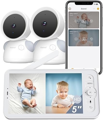 71JwFdfNz-L._AC_SX425_ ARENTI Baby Monitor with 2 Cameras, 2K/3MP WiFi 6 Camera and Audio, 5-inch Wireless Screen, Smartphone App, Super Night Vision, Crying Detection, Auto Tracking, Temp&Humidity Sensor (D3 Set) - Image 1