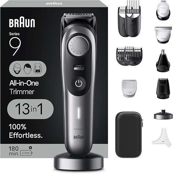 71LeQfcn0L._AC_SX569_-3 Braun Series 9 All-in-One Multi Grooming Kit for Men, 13-in-1 Beard Trimmer, Body Groomer, Hair Clipper and Manscaping for Face & Body, 9440 - Image 1
