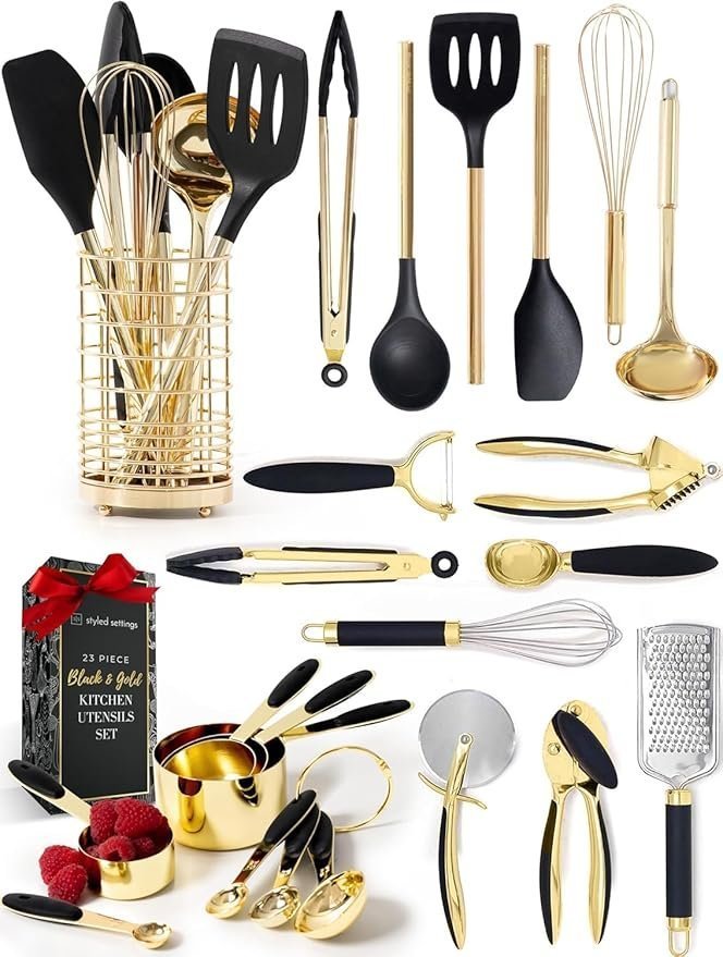 71SyRbWnO0L._AC_SY879_ Black and Gold Kitchen Utensils Set – 23-Piece Luxury Kitchen Accessories Includes Gold Measuring Cups, Spoons, Silicone Cooking Utensils and Tools for Baking, Cooking, and Stylish Kitchen Decor - Image 1