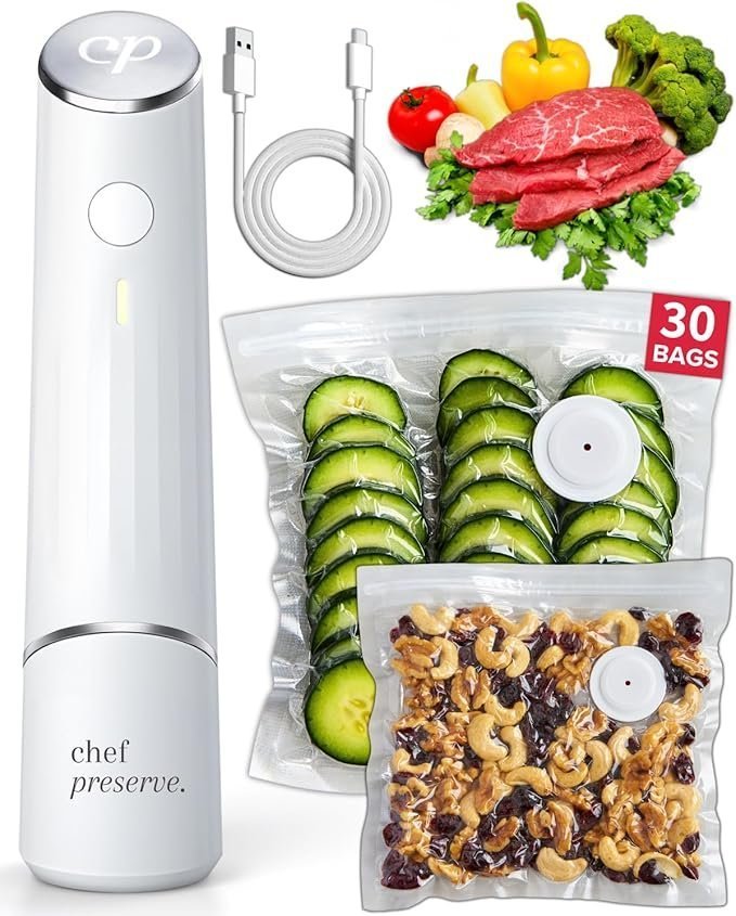 71XEvtKF9oL._AC_SX679_ Chef Preserve Compact Vacuum Sealer for Food (Vacuum Sealer Machine + 30 Reusable Vacuum Bags) Powerful Handheld Vacuum Sealer Machine, Seal Meal Saver, Portable Food Sealer - Image 1