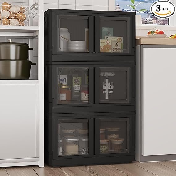 71Ysb4kc99L._AC_SX569_PIbundle-3TopRight00_SH20_ FLEXIMOUNTS 228 QT Stackable Storage Bins With Lids, Collapsible Plastic Storage Bins With Doors and Built-in Wheels For Home Dorm Closet Organizers and Storage, 3 Pack Cubes, Black - Image 1
