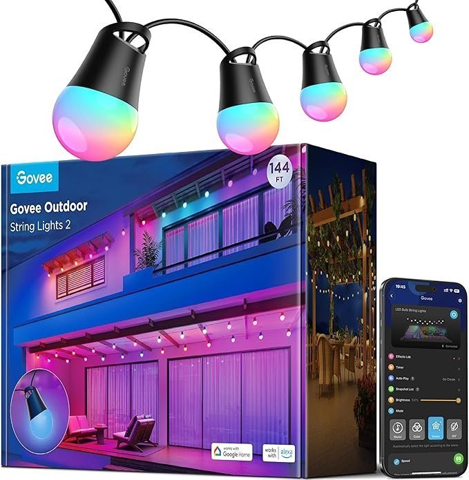 71ag0xH4YsL._AC_SX679_PIbundle-45TopRight00_SH20_ Govee Smart Outdoor String Lights 2, 144ft Outdoor Lights with Dimmable Warm White LED Bulbs, 47 Scene Modes for Patio, Backyard, Balcony, IP65 Waterproof, Works with Alexa, App Control - Image 1