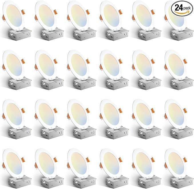 71bMmAlAuL._AC_SX679_PIbundle-24TopRight00_SH20_ Amico 24 Pack 6 Inch 5CCT Ultra-Thin LED Recessed Ceiling Light with Junction Box, 1050LM Brightness, Dimmable Canless Wafer Downlight, 12W, ETL&FCC - Image 1