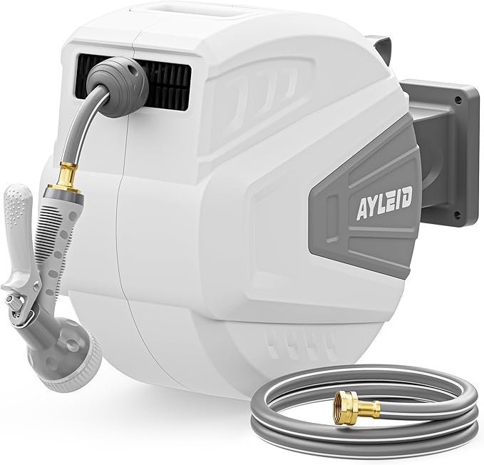 71gX1w6I4yL._AC_SX679_ Ayleid Retractable Garden Hose Reel,1/2 in x 100 ft Wall Mounted Hose Reel, with 9- Function Sprayer Nozzle, Any Length Lock/Slow Return System/Wall Mounted/180°Swivel Bracket (Gray) - Image 1