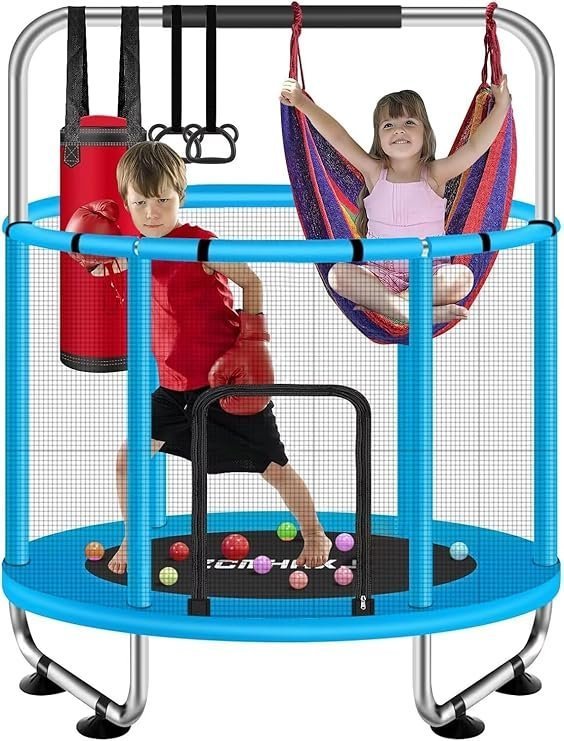 71l6s98NHL._AC_SY741_ ZCMHAXJ 55″ Trampoline for Kids with Enclosure, 440lbs Capacity Indoor & Outdoor Toddler Trampoline with Adjustable Gymnastics Bar & Toys, for Boys & Girls - Image 1