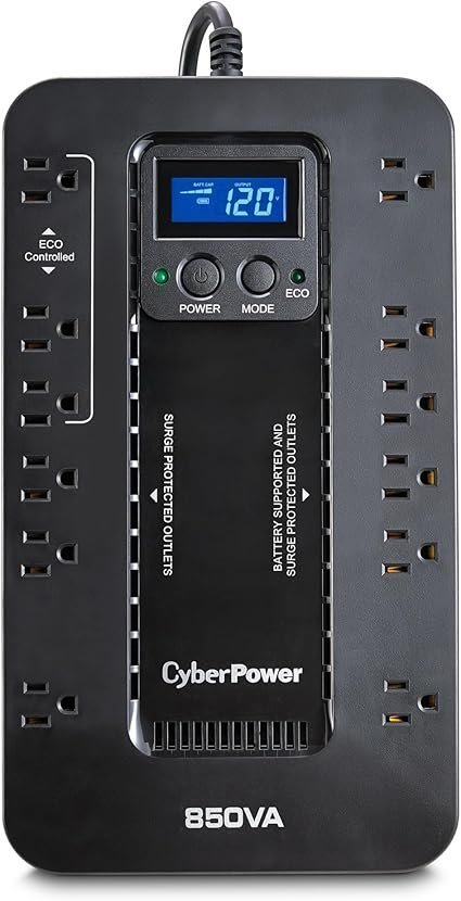 71pjstjaRUL._AC_SX425_ CyberPower EC850LCD Ecologic UPS Battery Backup and Surge Protector, 850VA/510W, 12 Outlets, ECO Mode, Compact, UL Certified - Image 1