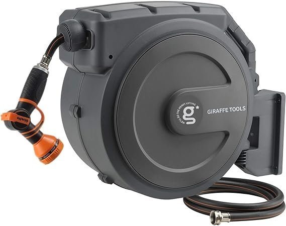71qngyqEVHL._AC_SX569_ Giraffe Tools Retractable Garden Hose Reel 1/2 Inch x 130 ft, Super Heavy Duty, Any Length Lock, Slow Return System, Wall Mounted and 180 Deg Swivel Bracket - Image 1