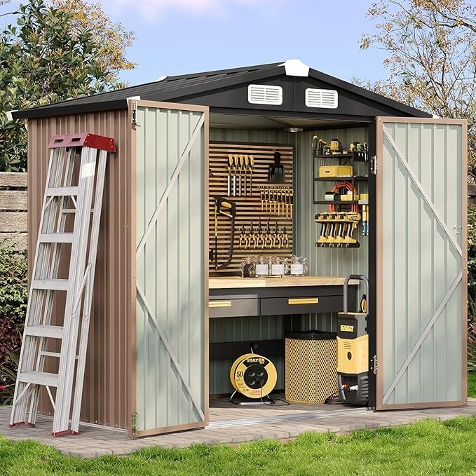 810ORxotJ3L._AC_SX679_-1-1 Aoxun 6.2×4 FT Shed Outdoor Storage Shed with Lockable Doors & Slooping Roof Metal Garden Tool Shed for Backyard, Patio, Poolside (Brown) - Image 1