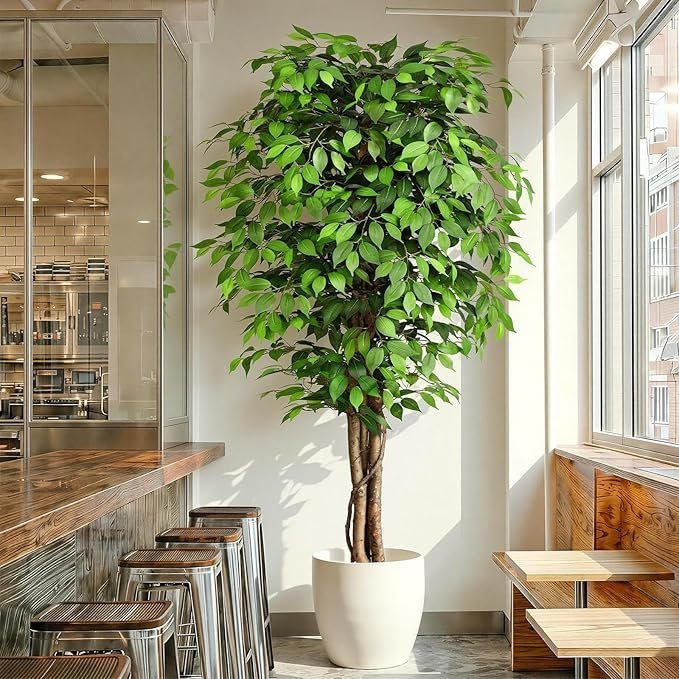 811A5oMHUxL._AC_SX679_ 7ft Large Ficus Artificial Trees with Natural Curved Trunks, 84″ Tall Lush Faux Tree for Home Decor Indoor, Green Lifelike Fake Ficus Tree Artificial Plants in Pot(Set of 2) - Image 1
