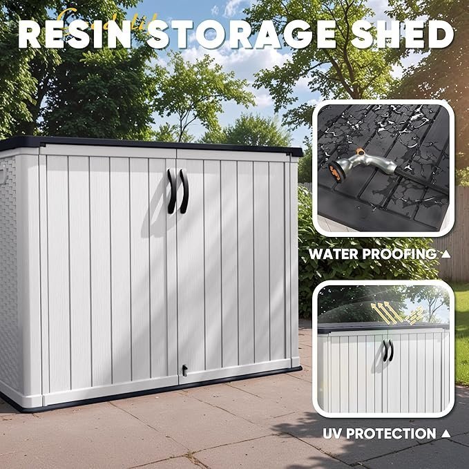 81AAvORzDFL._AC_SX679_ Devoko Outdoor Storage Cabinet 26 Cu Ft with Lockable Doors, Horizontal Storage Shed Waterproof Patio Tools Storage Box for Sofa Cushions, Gardening Tools and Accessories (White) - Image 1