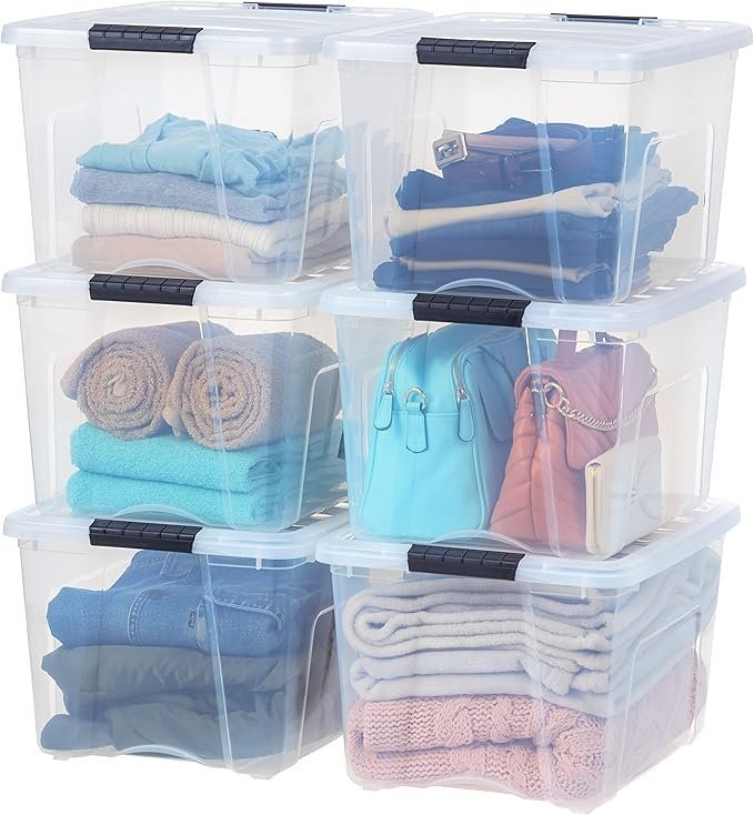 81C2C4R6dIL._AC_SX679_ IRIS USA 40 QT Plastic Storage Box with Lid and Latches – 6 Pack – BPA-Free, See-Through Organizing Solution, Durable Nestable Stackable Containers, Secure Pull Handle – Clear - Image 1