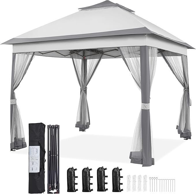 81CkbfAnr3L._AC_SX679_-1 Yaheetech 11×11 Pop Up Gazebo Outdoor Canopy Shelter, Instant Patio Gazebo Sun Shade Canopy Tent with 4 Sandbags, 2 Tiers Roof & Mesh Netting for Lawn, Garden, Backyard & Deck, Gray - Image 1