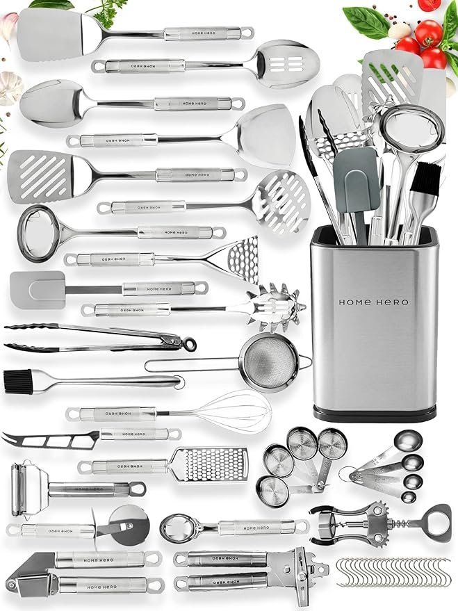 81Im3uC5HBL._AC_SY879_ Home Hero 54-Piece Stainless Steel Kitchen Utensils Set – Heat-Resistant Nonstick Silicone & Stainless Steel Cooking Utensils – Complete Tools with Slotted Spoon & Pasta Spoon – Pack of 54, Silver - Image 1