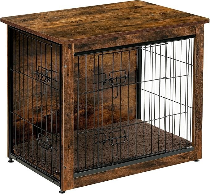 81M6TatVFDL._AC_SX679_ DWANTON Dog Crate Furniture with Cushion, Wooden Kennel Table with Double Doors, Indoor Dog House, Small/Medium/Large/Extra Large Size, 27.2″ L, Rustic Brown - Image 1