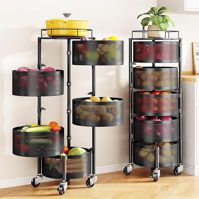 81N9QYgPL5L._AC_SX679_ SNTD Fruit and Vegetable Basket Bowls for Kitchen with Metal Top Lid, 5 Tier Rotating Storage Rack Cart for Potato Onion Bread Banana, Wire Basket Organizer on Wheels, Large, Black - Image 1