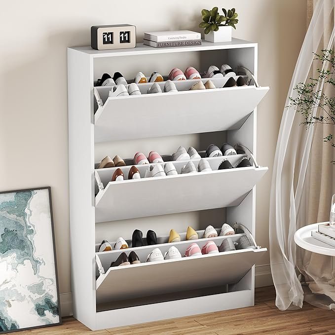 81VTv0IokkL._AC_SX679_ BORNOON Shoe Cabinet with 3 Flip Drawers, Hidden Wood Shoe Cabinet,Freestanding Shoe Storage Cabinet for Entryway Hallway.White. 47.2″ H*31.5″ W*9.45″ D. - Image 1