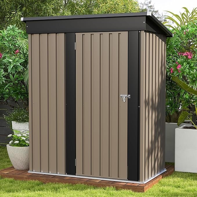 81WyFbnzpcL._AC_SX679_-1 Patiowell 5×3 FT Outdoor Storage Shed, Tool Shed with Sloping Roof and Lockable Door, Metal Shed for Backyard Garden Patio Lawn, Brown - Image 1