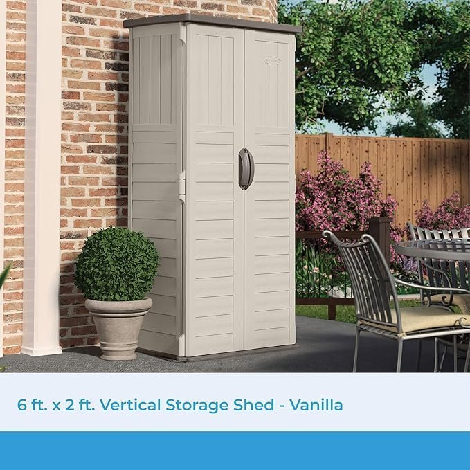 81Z6KYavBL._AC_SX679_ Suncast Vertical Outdoor Storage Shed with All-Weather Construction, Vanilla - Image 1