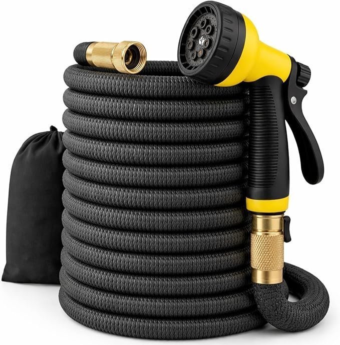 81d8G7FCvVL._AC_SX679_ J&B XpandaHose 150ft Expandable Garden Hose – Ultra-Strong 3750D, 4-Layer Latex Core, Brass 3/4″ Connectors, 10-Pattern Nozzle & Storage Bag – Lightweight, Kink-Reducing, Leak-Resistant - Image 1