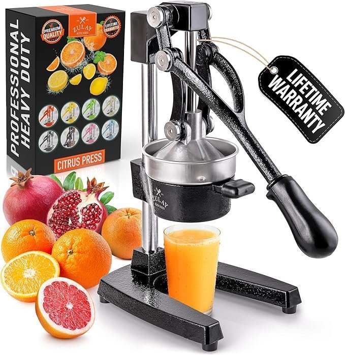 81ihjGtzHKL._AC_SX679_ Zulay Kitchen Cast Iron Juicer – Easy-to-Clean Heavy-Duty Manual Juicer, Professional Citrus Juicer – Stainless Steel Lemon Squeezer – Manual Citrus Press & Orange Squeezer – Orange Juicer (Black) - Image 1