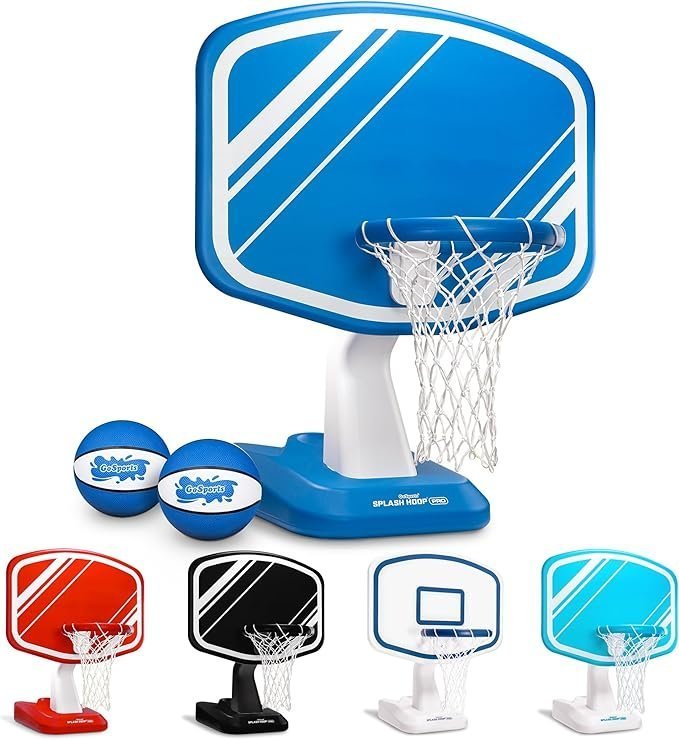 81ssFqrVptL._AC_SX679_ GoSports Splash Hoop Swimming Pool Basketball Game, Includes Poolside Water Basketball Hoop, 2 Balls and Pump – Choose Your Style - Image 1